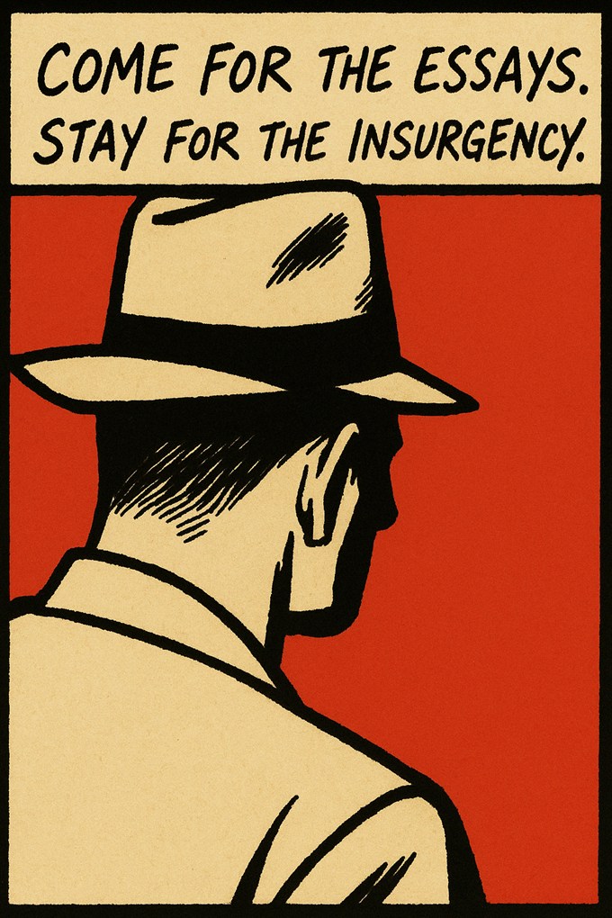 Poster: a man in a fedora seen from behind against a red ground, above the words “Come for the essays. Stay for the insurgency.”