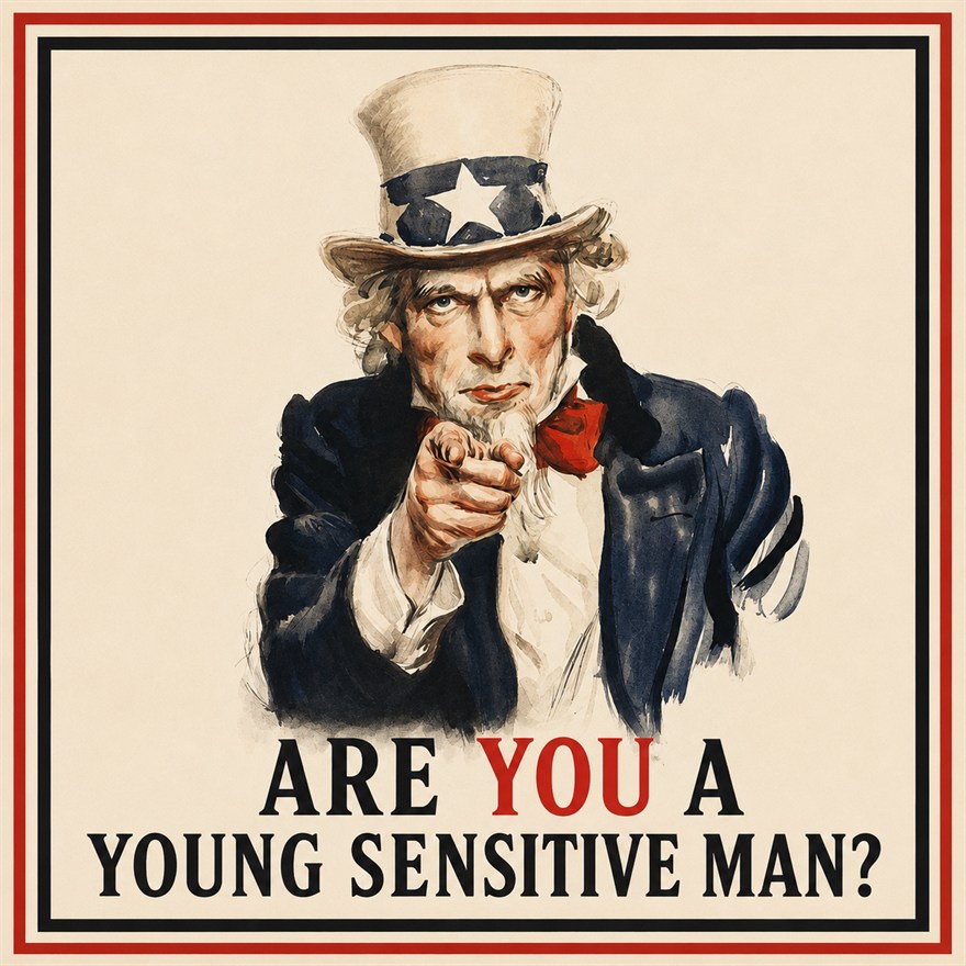 Recruitment poster: Uncle Sam points at the reader above the words “Are you a young sensitive man?”